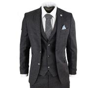 TruClothing STZ14 - Men's Wool 3 Piece Suit Tweed Charcoal Black Classic - 52" Jacket 46" Trousers