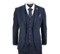 Mens Wool Tweed Suit 3 Piece Authentic 1920s Tailored Fit Classic Navy