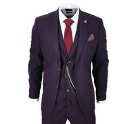 Men's 3 Piece Suit Wool Tweed Plum Wine Check 1920s Gatsby Formal Dress Suits - Plum 44