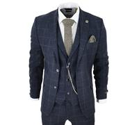 Men's 3 Piece Suit Wool Tweed Navy Blue Brown Check 1920s Gatsby Formal Dress Suits - Navy 36