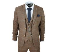 TruClothing STZ73 - Men's 3 Piece Suit Wool Tweed Herringbone Tan Brown Blue Check 1920s Gatsby Formal Dress Suits - 44" Jacket 38" Trousers