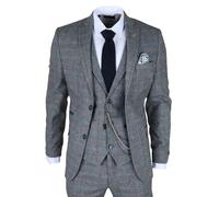 Men's 3 Piece Suit Wool Tweed Herringbone Light Blue Grey Check 1920s Gatsby Formal Dress Suits - Blue 40