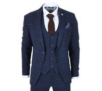 TruClothing TP-34 - Men's 3 Piece Navy Plaid Check Tailored Fit Suit - 38" Jacket 32" Trousers - Navy