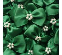Trucraft Pack of 10 Dark Green Satin Ribbon Bows with Pearl (3.5cm, Polyester, Machine Washable)