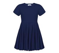 trudge Girls Summer Swing Dress A-line Short-Sleeved/Long-Sleeved Cotton Solid Color Princess T-Shirt Dresses Basic Fattern Skater Dress 3-13 Years Dark Blue