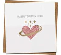 True Beauty Shines From The Soul Greeting Card - 145mm x 145mm Square, Pink Glitter Heart with Stars, Inspirational Love Card for Birthday Anniversary Thinking of You - Kraft Envelope Included