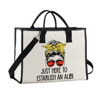 True Crime Gift Just Here to Establish and Alibi Canvas Tote Bag Gift for Crime Show Fan, Beige, L
