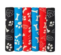 True Face 6 Pack Pet Blanket for Dogs & Cats, Thin Soft Washable Fleece Throw 100% Polyester Paw Print Design Ideal for Sofa, Bed, Crate, Travel Black/Blue/Red 55 x 80cm