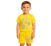 True Face Kids Pyjama Set Summer 2 Piece Outfit with Printed T-Shirt & Shorts | Casual Sleepwear & Loungewear for Boys & Girls Yellow 9-10 Years