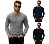 True Face Mens 3 Pack Long Sleeve T-Shirts Crew Neck Plain Cotton Blend Tee Tops Black, Navy, Grey S