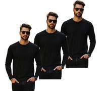 True Face Mens 3 Pack Long Sleeve T-Shirts Crew Neck Plain Cotton Blend Tee Tops Black S