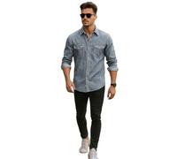 True Face Mens Denim Shirt 100% Cotton Multi Pocket Long Sleeve Casual Collared Button Down Washed Effect Shirts Top Mid Wash XL