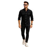 True Face Mens Denim Shirt 100% Cotton Multi Pocket Long Sleeve Casual Collared Button Down Washed Effect Shirts Top Black 2XL