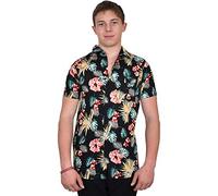 True Face Mens Hawaiian Shirt Funky Short Sleeve Cotton Printed Hawaii Top Fancy Ugly Shit Beach Holiday Party Casual Wear (Black - Flower2, Small)