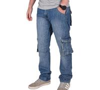 True Face Mens Jeans Cargo Combat Denim Regular Fit Trouser Casual Multipocket Bottoms Zip Fly Pants Dark Wash 32W / 34L