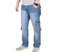 True Face Mens Jeans Cargo Combat Denim Regular Fit Trouser Casual Multipocket Bottoms Zip Fly Pants Stone Wash 36W / 34L
