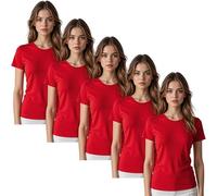 True Face Womens Plain T Shirts Crew Neck Fitted Short Sleeve Tee Top for Ladies Soft Cotton Stretch Summer Shirt for Casual Daily Wear, Layering, Travel or Outdoor Style Red - 5 Pack XL