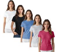 True Face Womens Plain T Shirts Crew Neck Fitted Short Sleeve Tee Top for Ladies Soft Cotton Stretch Summer Shirt for Casual Daily Wear, Layering, Travel or Outdoor Style Assorted - 5 Pack Set1 M