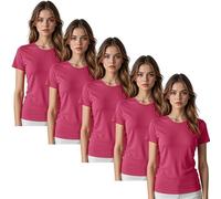 True Face Womens Plain T Shirts Crew Neck Fitted Short Sleeve Tee Top for Ladies Soft Cotton Stretch Summer Shirt for Casual Daily Wear, Layering, Travel or Outdoor Style Dark Pink - 5 Pack XL