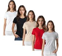 True Face Womens Plain T Shirts Crew Neck Fitted Short Sleeve Tee Top for Ladies Soft Cotton Stretch Summer Shirt for Casual Daily Wear, Layering, Travel or Outdoor Style Assorted - 5 Pack Set2 L