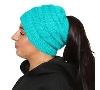 True Face Womens Ponytail Hat Stretch Knit Hats Ladies Messy Bun Beanie Warm Winter Headwear Mint One Size