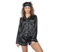 True Face Womens Pyjamas Ladies Satin Pyjama Set Women Pjs Shorts Nighty Sleepwear Long Sleeve Button-Down Shirt Girls Nightwear Loungewear Top Bottom Black - With Eye Patch XL