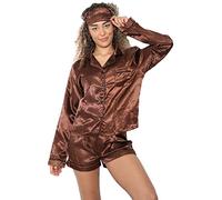 True Face Womens Pyjamas Ladies Satin Pyjama Set Women Pjs Shorts Nighty Sleepwear Long Sleeve Button-Down Shirt Girls Nightwear Loungewear Top Bottom Brown - With Eye Patch M