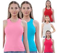 True Face Womens Ribbed Vest Tops 5 Pack Poly Cotton Slim Fit Sleeveless Cami Tank Summer Strappy Gym Vests Casual Activewear UK 5 Pack - Set 2 S-M