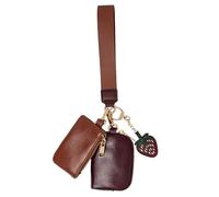 TRUE LOVE ACCESSORIES Women's PU Leather Double Pouch Wallet Wristlet with Keychain - Trendy Compact Mini Wallet with Dual Zipper Pouches & Bag Charm, Tan, Mini