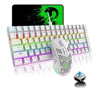 True Mechanical Gaming Keyboard Mouse Combo Rainbow Backlight 84 Key Anti-ghosting Waterproof Type-C Wired Keyboard, 6400 DPI Programmable Mice for PC/Mac Gamer /Typist+Mouse Pad(White/Blue)