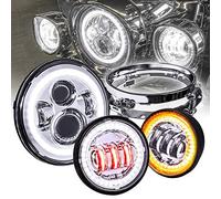 TRUE MODS 7" LED Headlight/4.5" Passing Light for Harley Davidson + Mounting Bracket [Chrome-Finish] [HALO DRL] [4500/1440 LM] [Plug & Play] For Dyna Electra Glide Road King Softail Fatboy