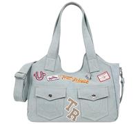 True Religion Agusto Multi Patch Soft Denim Tote Bag for Women | Heritage Logo Patch Slouchy Tote | Adjustable Removable Strap and Magnetic Snap Closure