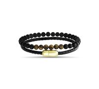 True Religion Beaded Simulated Black Leather 8.5 Inch Double Row Bracelet for Men, L, Metal, no gemstone