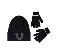 True Religion Concept One Women's Beanie Hat and Touchscreen Glove Set, Cuffed Winter Knit Cap with Rhinestone Logo and Touch Screen Mittens, Black, One Size