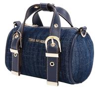 True Religion Denim Buckle Strap Mini Satchel Bag, Structured Dark Denim Crossbody Handbag, Dark Denim