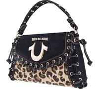 True Religion Denim Eyelet Trim Flap Bag, Studded Lace-Up Crossbody Shoulder Handbag with Horseshoe Logo, Leopard
