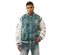 True Religion Denim Print Retro Varsity Jacket for Men - Streetwear Men’s Jacket with Embroidery & Patch Details, Denim/Winter Wht, M