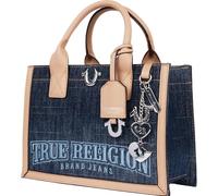 True Religion Denim Tote Bag, Bombe Logo Shoulder Carryall with Horseshoe Hardware and Strap Hand Bag, Dark Denim