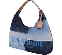True Religion Hobo Bag, Patchwork Denim Shoulder Purse, Oversized Logo with Magnetic Snap Closure, Silver Hardware, Denim Blue