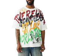 True Religion Men’s TR Graffiti Graphic Relaxed Tee - Crewneck, Graphic Buddha Tour Design, Vintage Chain Stitch, Winter White, XXL