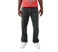 True Religion Men's Bobby SN Stitching Stitching Flap Jeans 32" Inseam - Relaxed Bootcut Denim with Back Flap Pockets, Greenland Dark Wash, 34