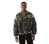 True Religion Men's Retro PU Varsity Jacket - Faux Leather Letterman Bomber with Logo Patches, Jet Black, 3XL