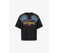 True Religion Mens True Religion Tiger-Print Embroidered-Logo Cotton T-Shirt Jet Black S