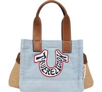 True Religion Retro Horseshoe Mini Tote, Embroidered Logo, Adjustable Strap, Silver Hardware, Denim, 7.5 inches (width) x 3.5 inches (length) x 6.25 inches (height), True Religion Retro Horseshoe Mini