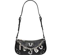 True Religion Shoulder Bag, Horseshoe Chain Purse with Crystal Patch, Logo Charms, Adjustable Strap and Gold Hardware, Black