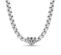 True Religion Tiger Head Pendant 22 Inch Long 6mm Thick Box Chain Necklace for Men Rhodium Plated Brass