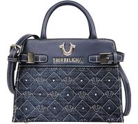 True Religion Tote Bag, Studded Denim Purse with Quilted Horseshoe Pattern, Buckle Tab Details and Gold Hardware, Dark Denim