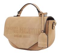 True Religion Unisex's Crossbody Bag, Trapunto Logo Suede Flap Purse with Top Handle, Adjustable Strap and Gold Hardware, Camel