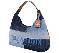 True Religion Unisex's Hobo Bag, Patchwork Shoulder Purse, Oversized Logo with Magnetic Snap Closure, Silver Hardware, Denim/Blue