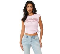 True Religion Women’s Crystal Side Ruch Short Sleeve Baby Top - Cropped Ruched Tee, Cherry Blossom, S
